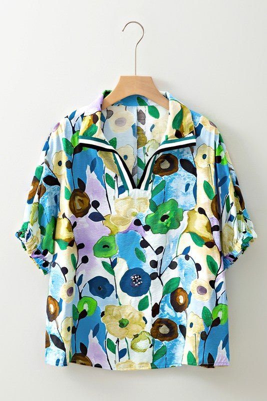 Floral Boho Shirred Bubble Viscose Stripe Blouse - Abbies Place