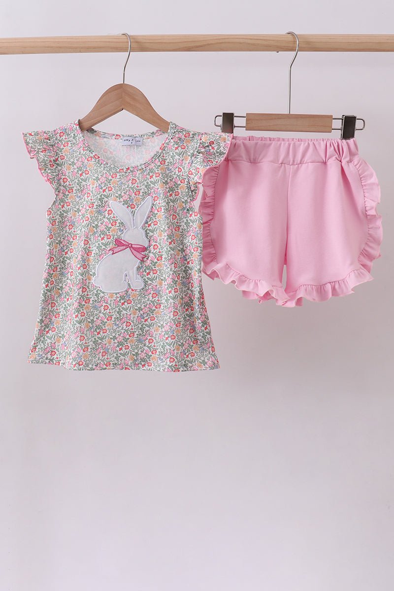 Floral bunny applique ruffle shorts set - Abbies Place