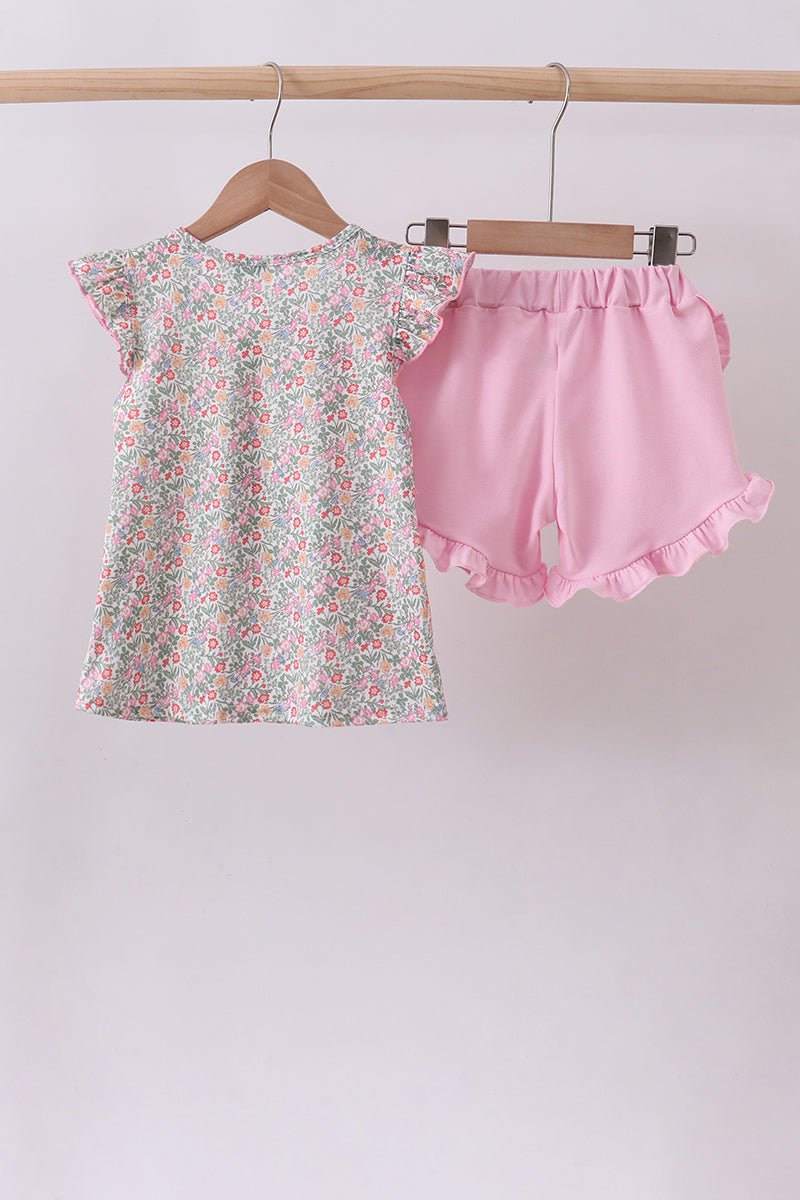 Floral bunny applique ruffle shorts set - Abbies Place