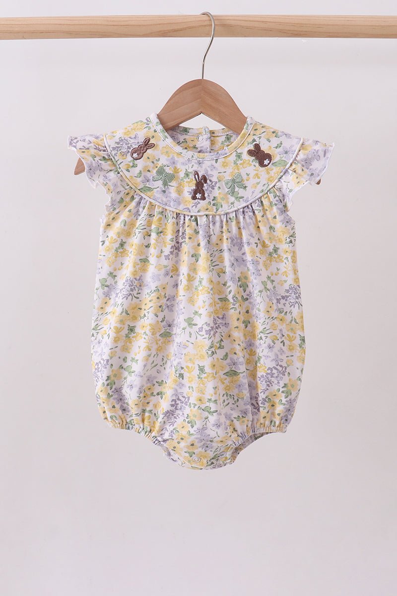 Floral bunny bow embroidery ruffle bubble - Abbies Place