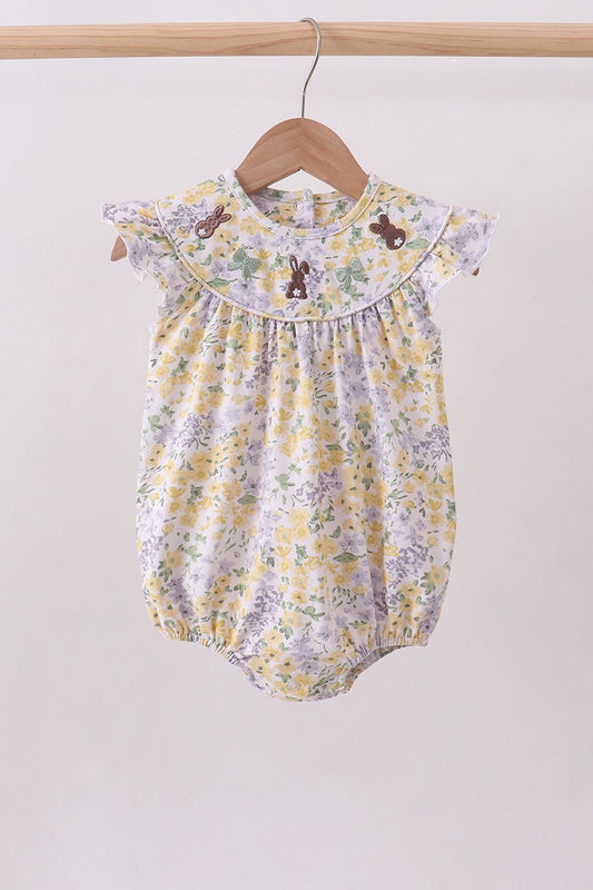 Floral bunny bow embroidery ruffle bubble - Abbies Place