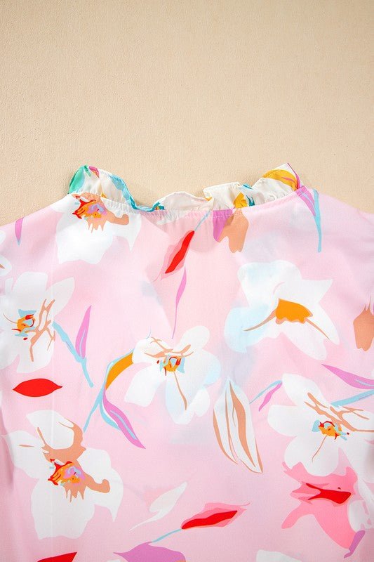 Floral Patchwork Frill Notched Neck Ruffle Blouse - Abbies Place