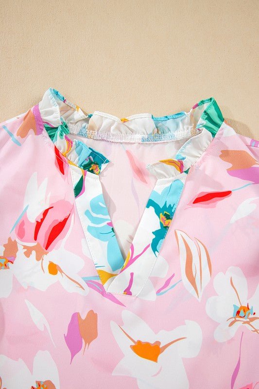 Floral Patchwork Frill Notched Neck Ruffle Blouse - Abbies Place