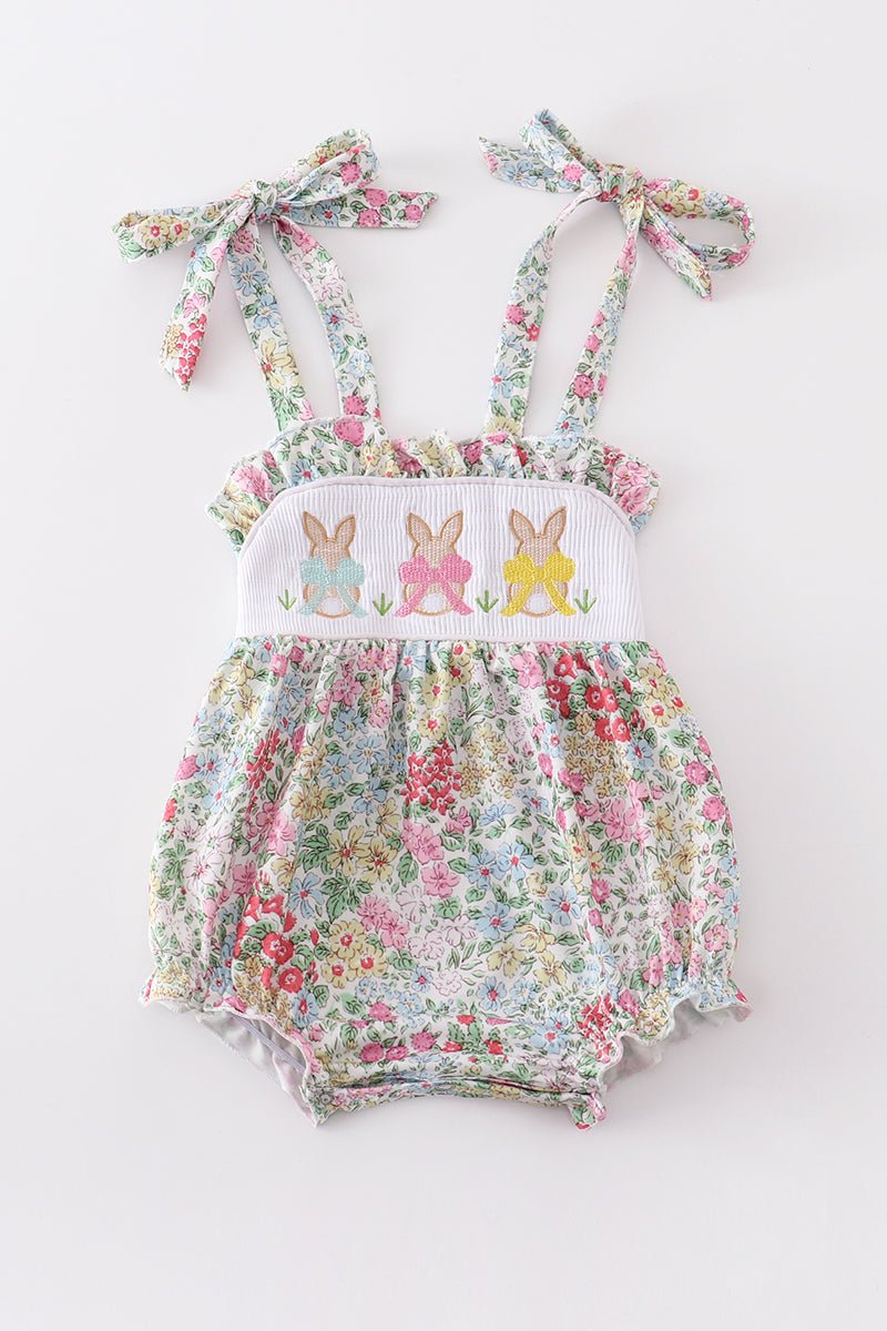 Floral print bunny embroidery smocked girl bubble - Abbies Place