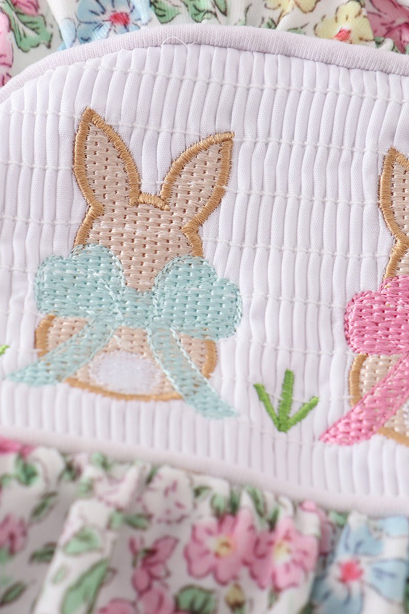 Floral print bunny embroidery smocked girl bubble - Abbies Place