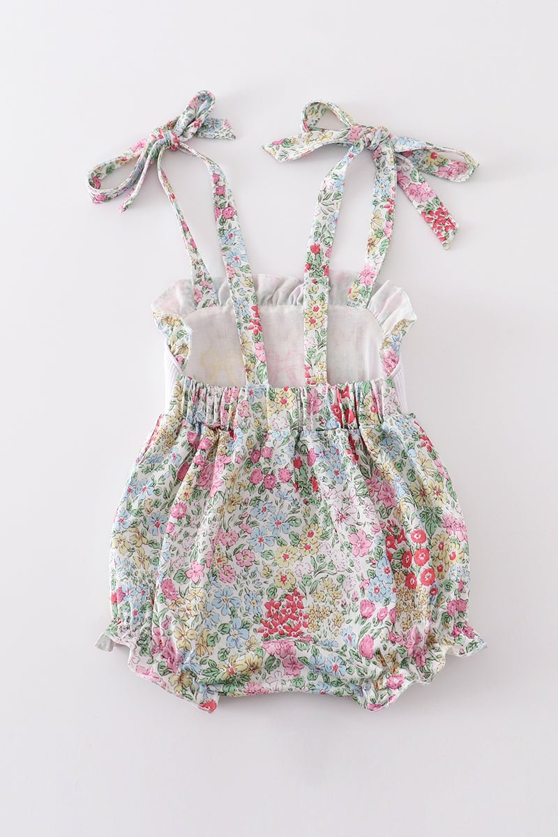 Floral print bunny embroidery smocked girl bubble - Abbies Place
