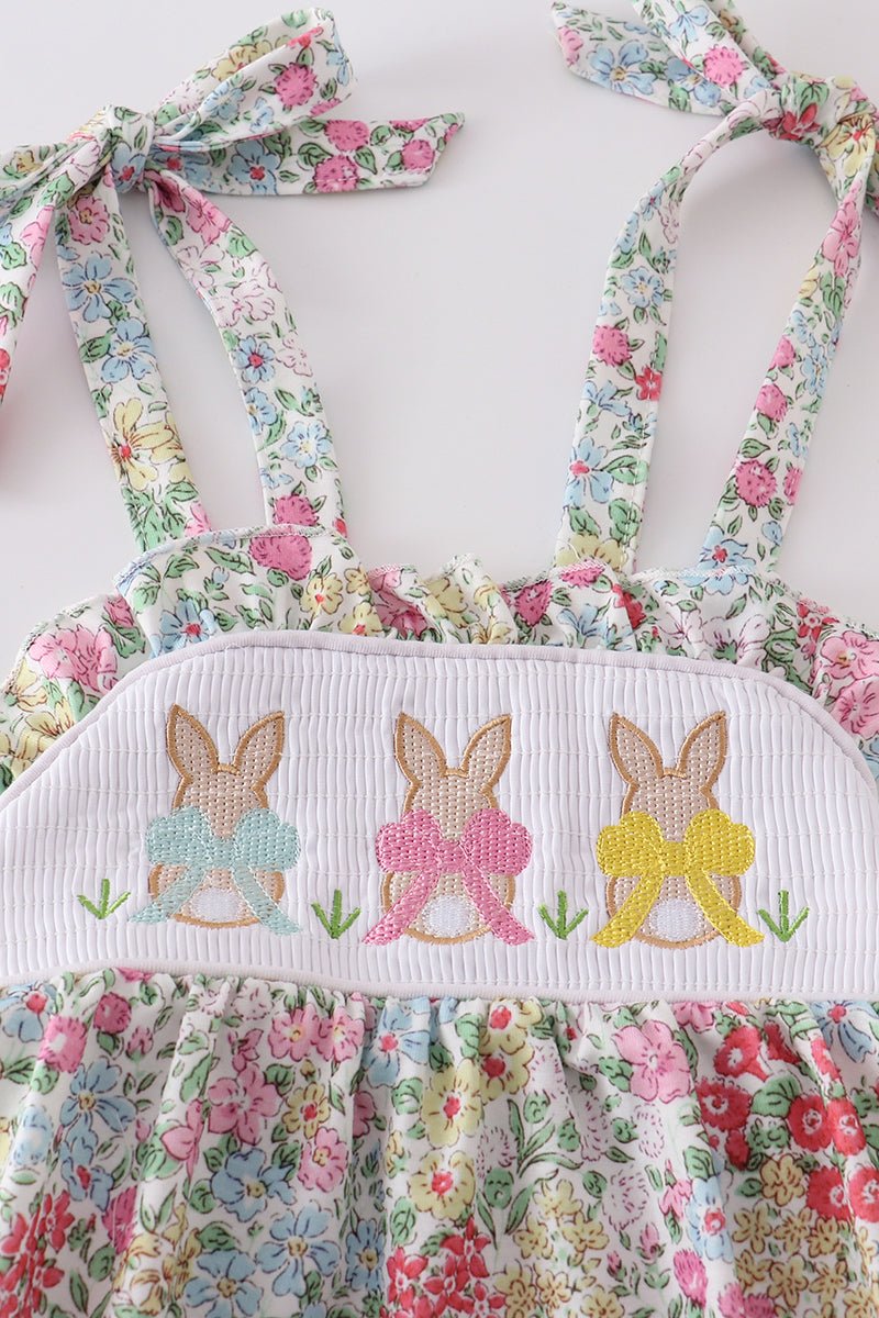 Floral print bunny embroidery smocked girl bubble - Abbies Place