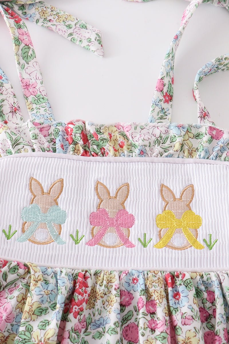 Floral print bunny embroidery smocked girl dress - Abbies Place
