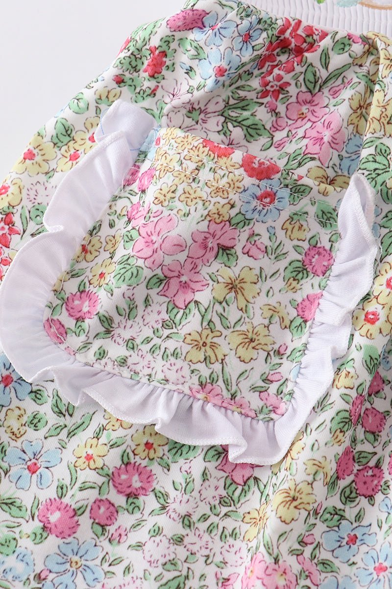 Floral print bunny embroidery smocked girl dress - Abbies Place