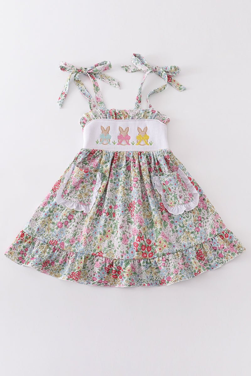 Floral print bunny embroidery smocked girl dress - Abbies Place