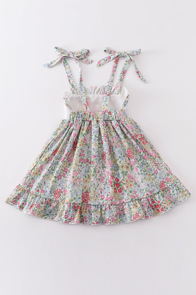 Floral print bunny embroidery smocked girl dress - Abbies Place