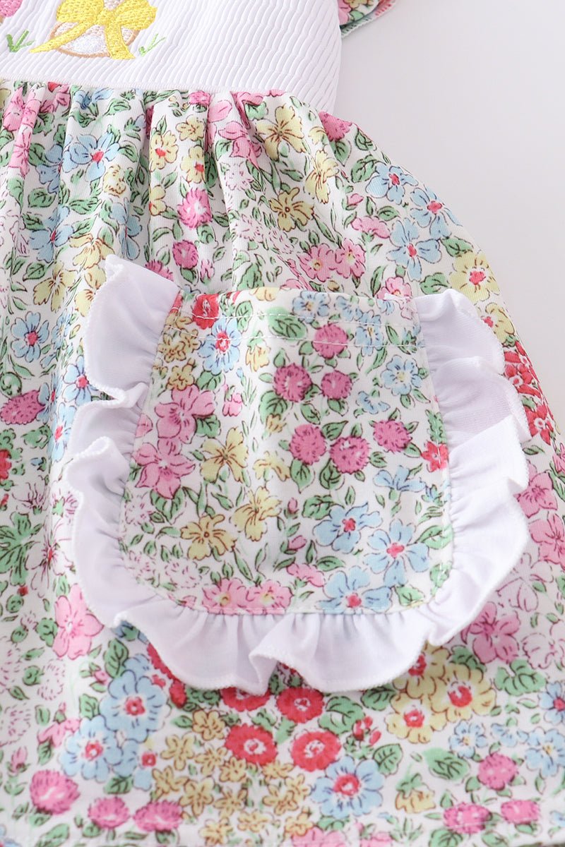 Floral print bunny embroidery smocked girl set - Abbies Place