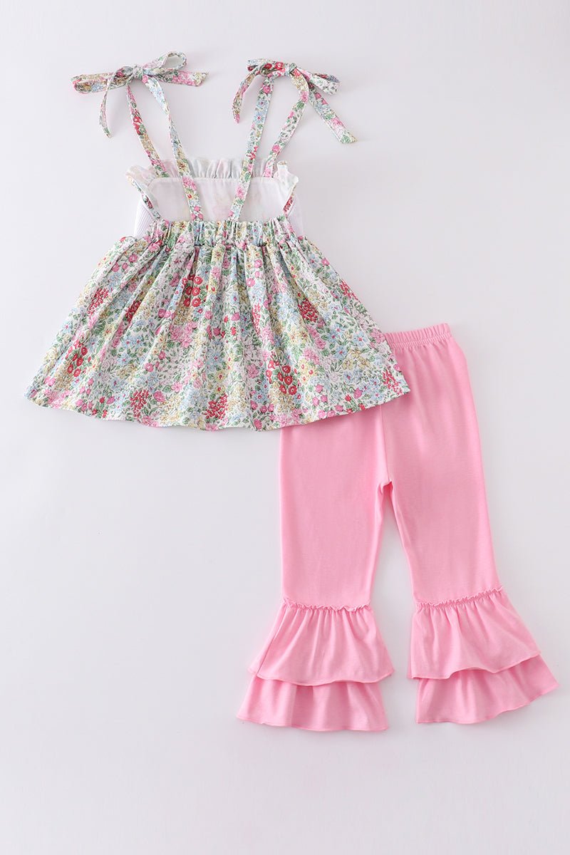 Floral print bunny embroidery smocked girl set - Abbies Place