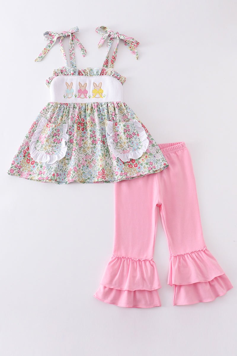 Floral print bunny embroidery smocked girl set - Abbies Place