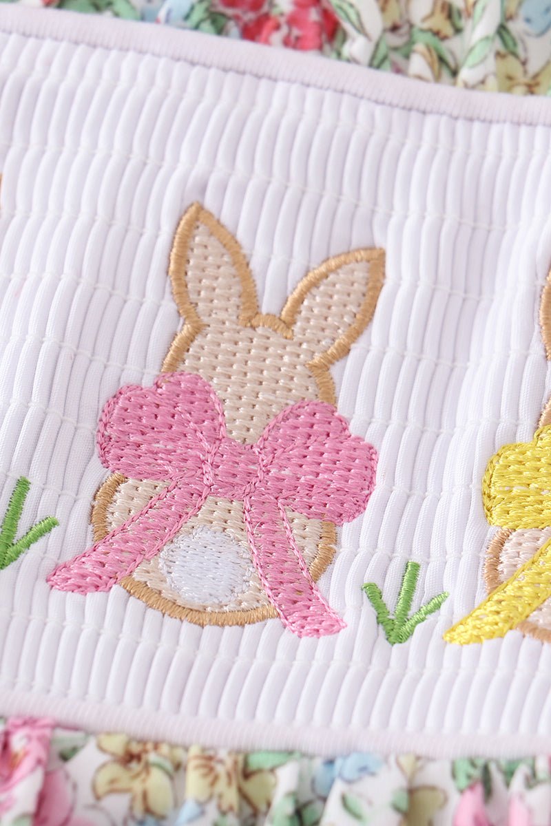 Floral print bunny embroidery smocked girl set - Abbies Place