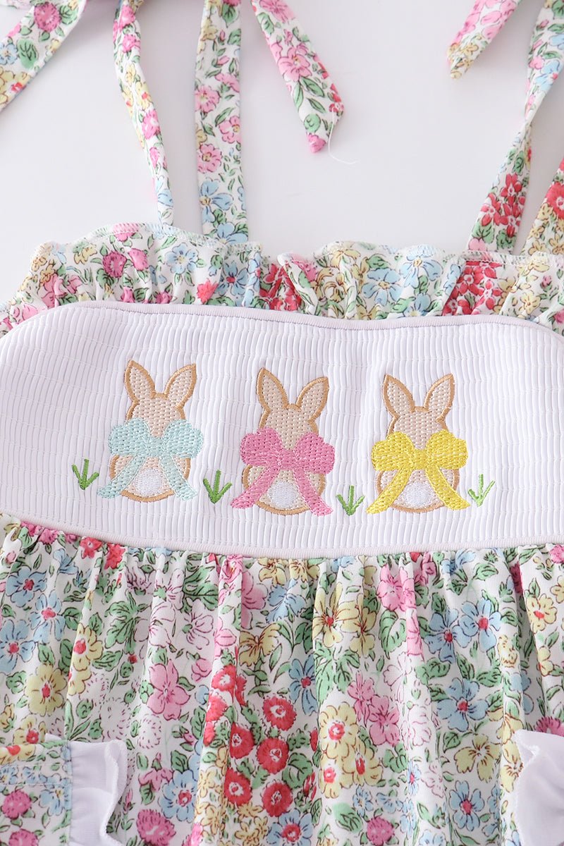 Floral print bunny embroidery smocked girl set - Abbies Place
