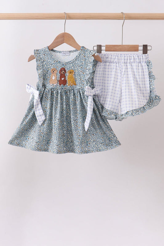Floral puppy embroidery ruffle shorts set - Abbies Place