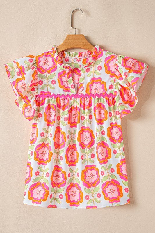 Floral Sleeve Ric-rac Trim Split Neck Loose Blouse - Abbies Place