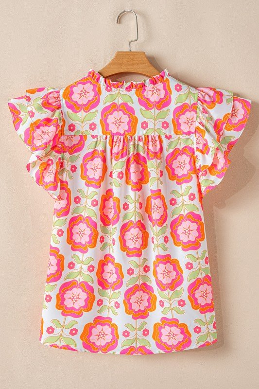 Floral Sleeve Ric-rac Trim Split Neck Loose Blouse - Abbies Place