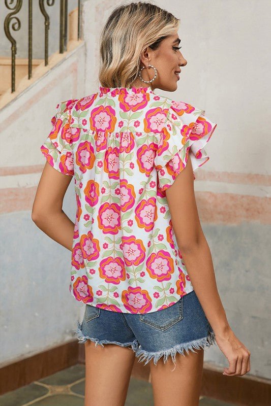 Floral Sleeve Ric-rac Trim Split Neck Loose Blouse - Abbies Place