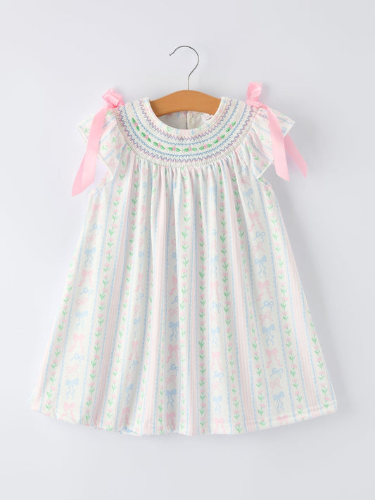 Girl Bow Stripe Smocked Dress - Abbies Place