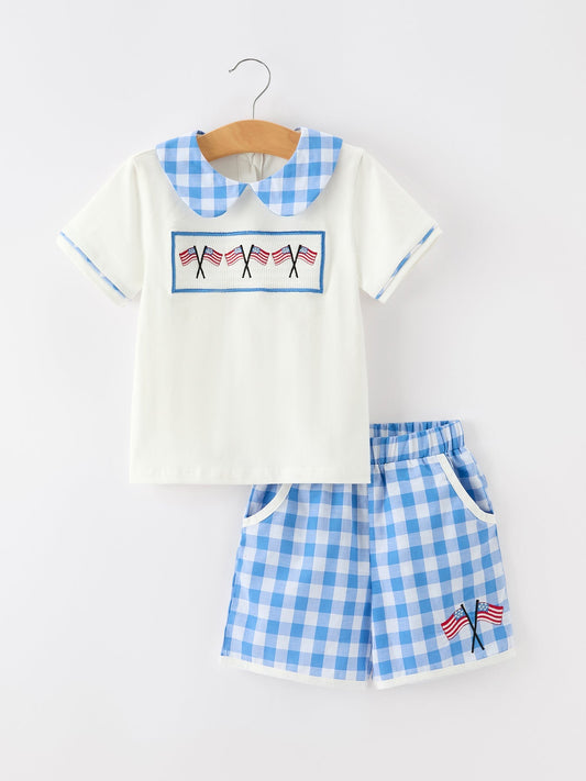 Girls 4th of July Plaid Outfit Set Flag Embroidery Peter Pan Collar - Abbies Place