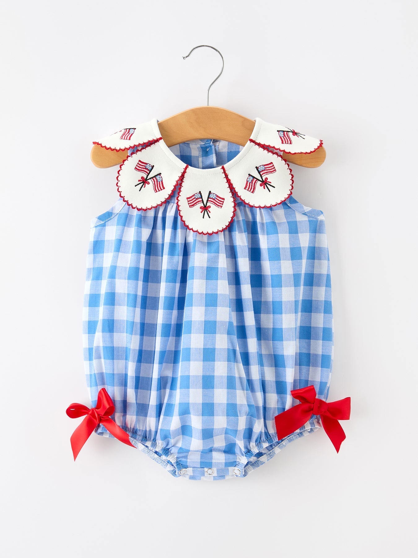 Girls 4th of July Plaid Romper Bow Embroidery Petals Collar - Abbies Place