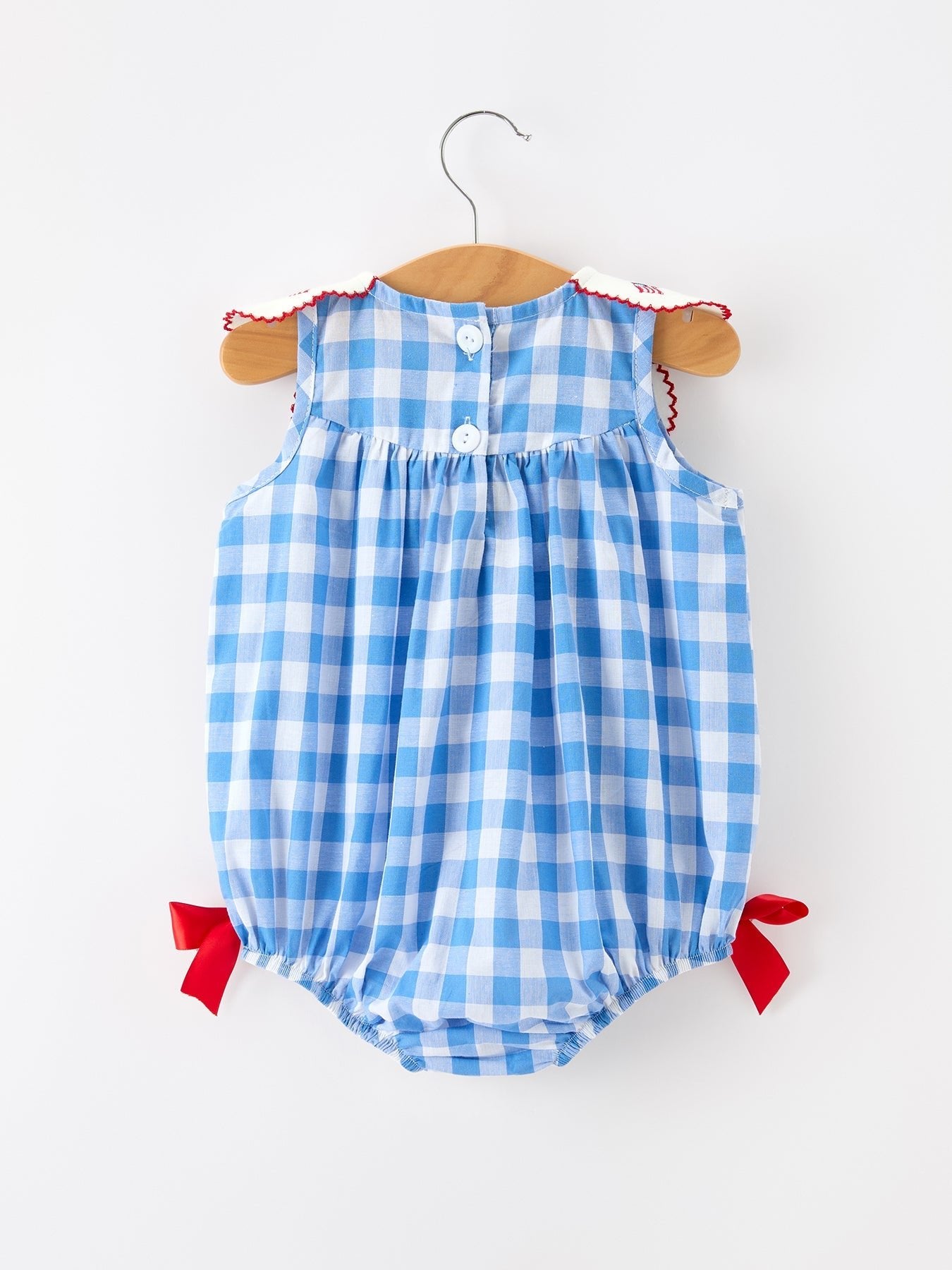 Girls 4th of July Plaid Romper Bow Embroidery Petals Collar - Abbies Place