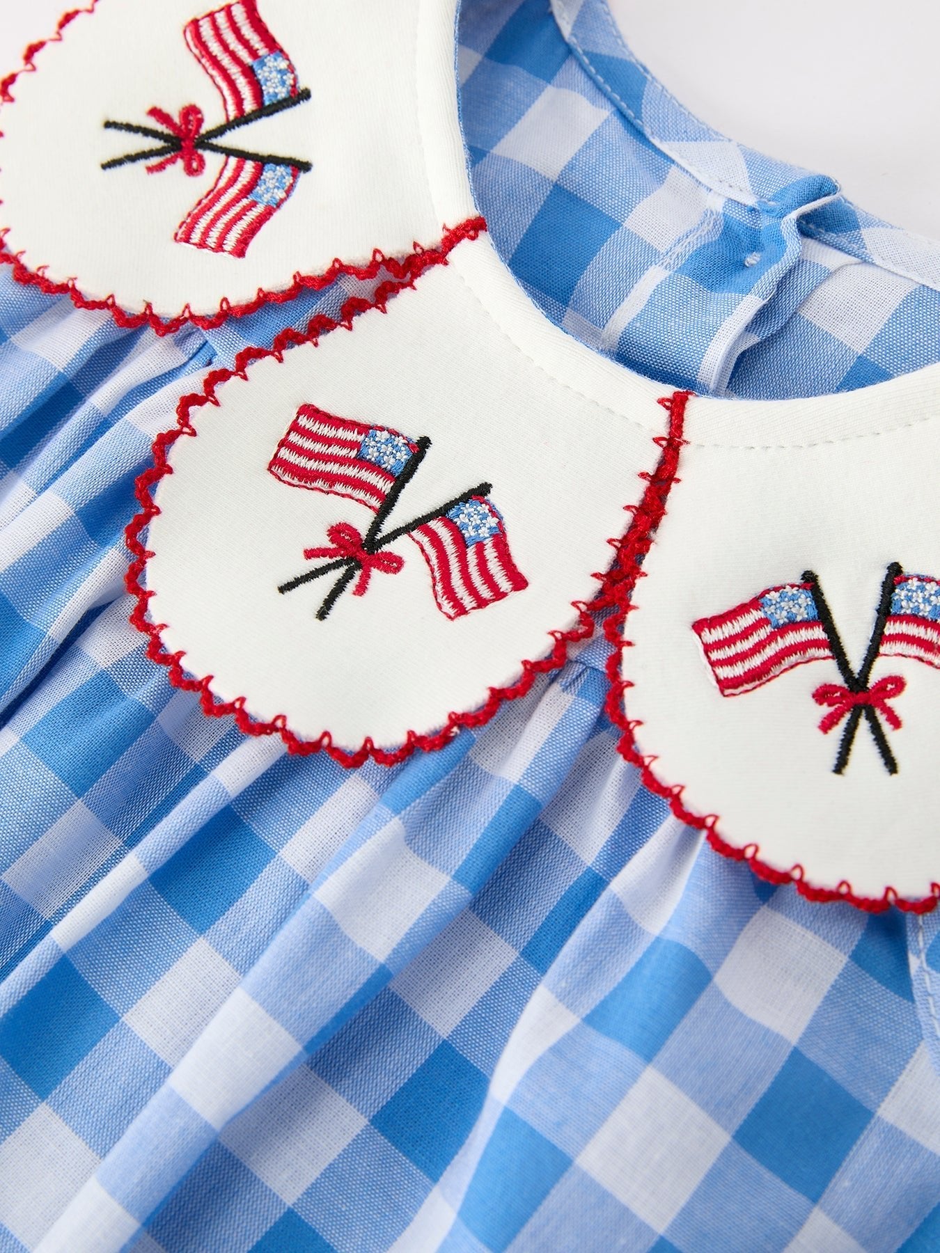 Girls 4th of July Plaid Romper Bow Embroidery Petals Collar - Abbies Place
