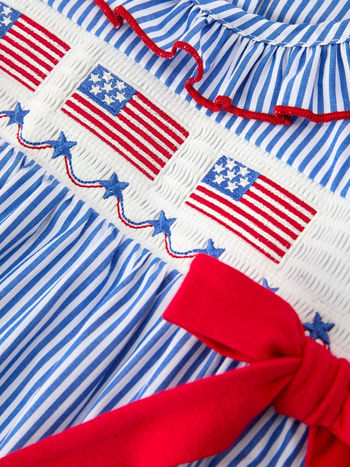 Girls 4th of July Plaid Romper Bow Smocked Embroidery - Abbies Place