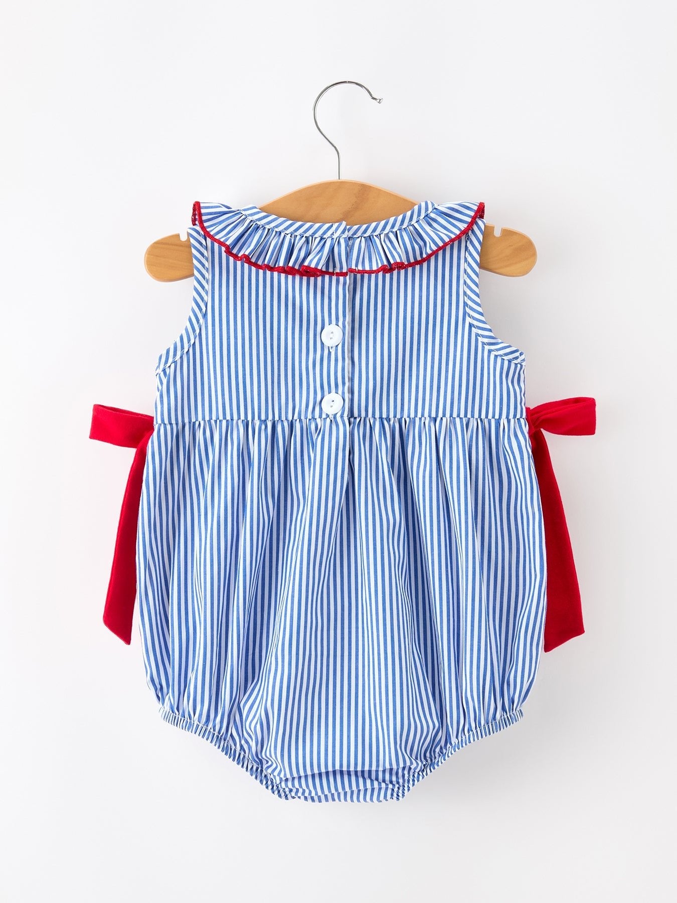 Girls 4th of July Plaid Romper Bow Smocked Embroidery - Abbies Place