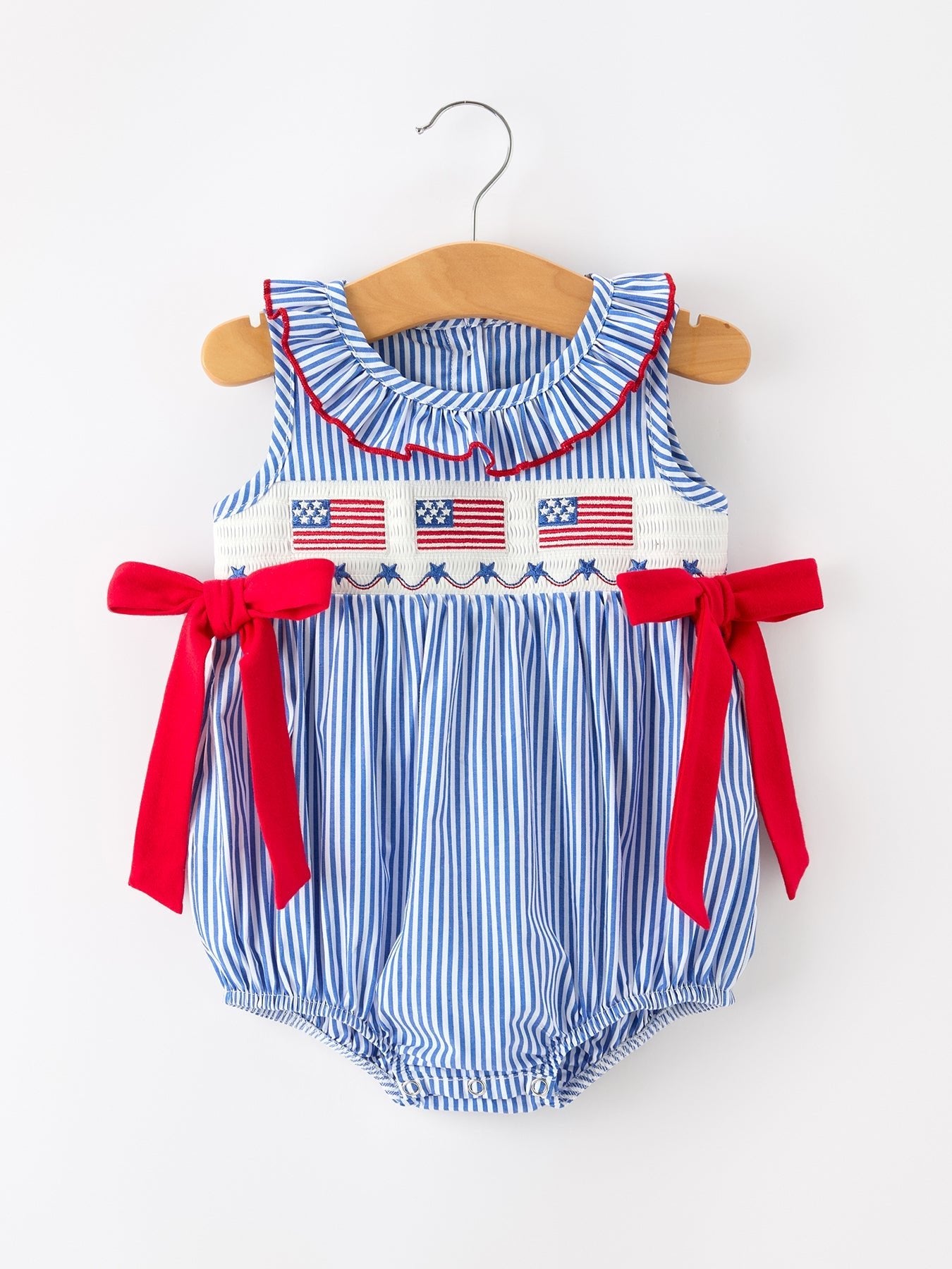 Girls 4th of July Plaid Romper Bow Smocked Embroidery - Abbies Place