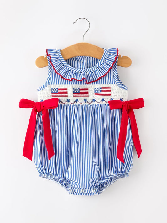 Girls 4th of July Plaid Romper Bow Smocked Embroidery - Abbies Place