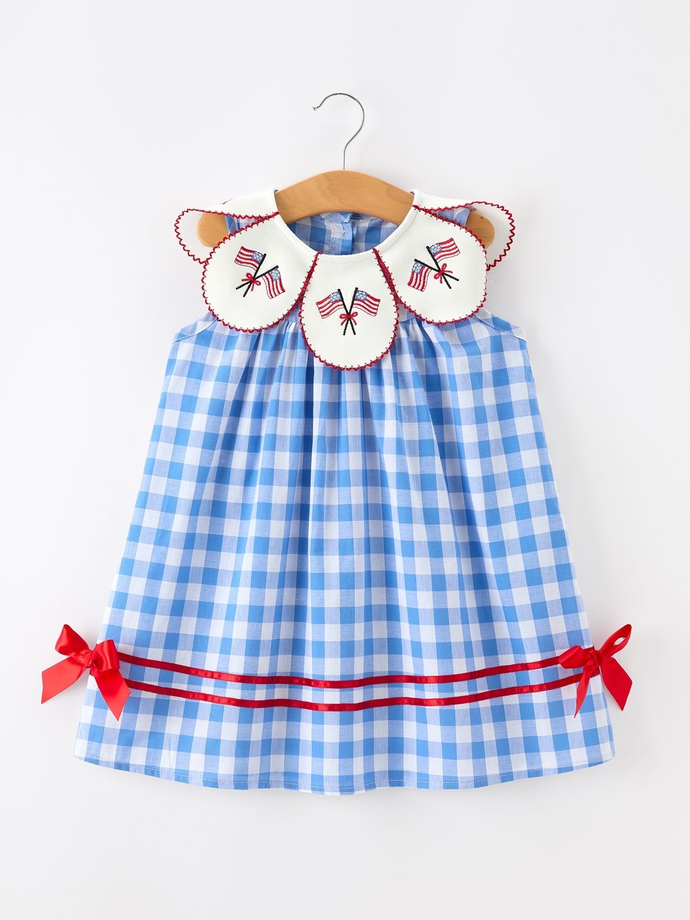 Girls 4th of July Plaid Twirl Dress Bow Embroidery Petals Collar - Abbies Place