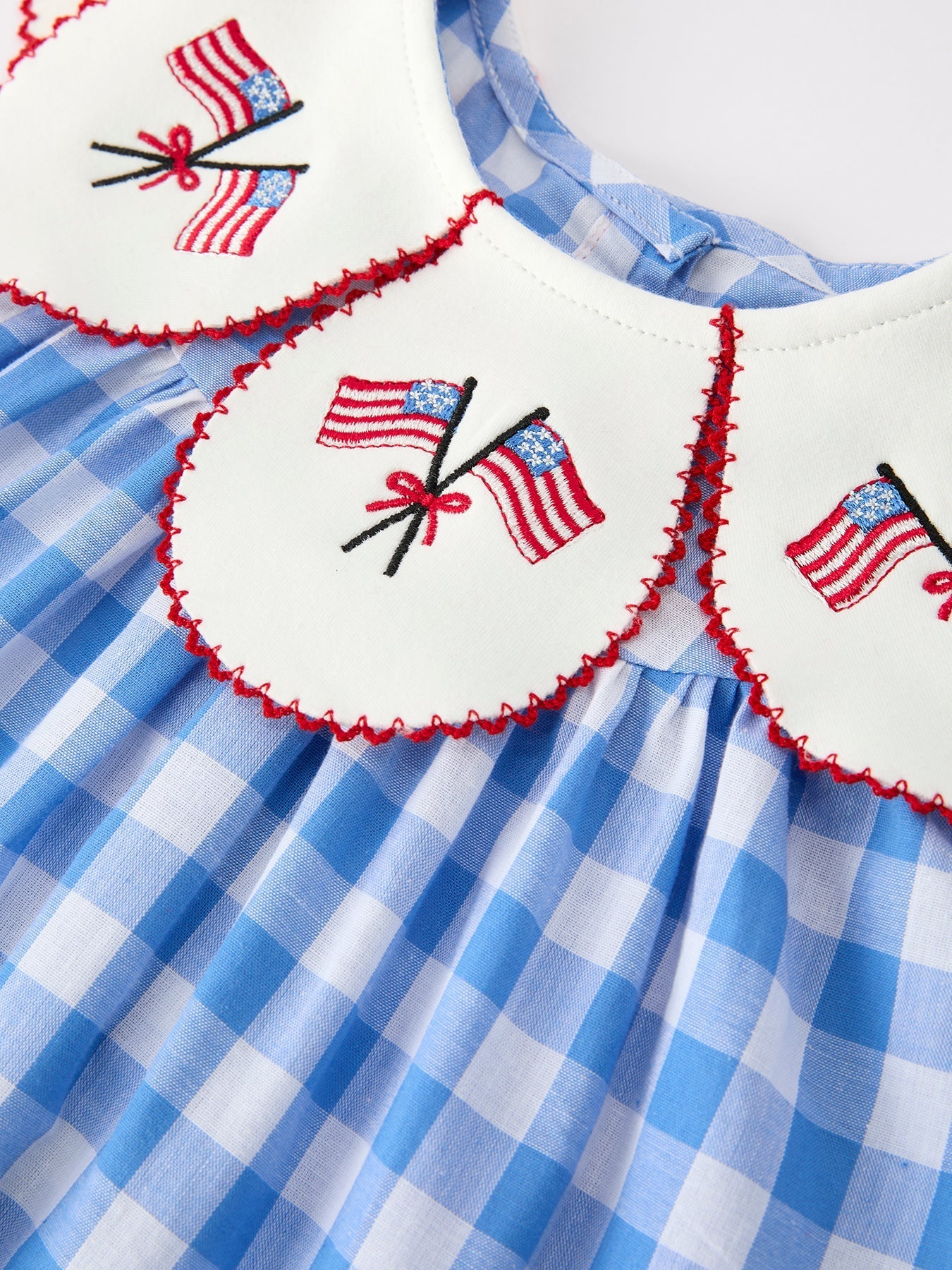Girls 4th of July Plaid Twirl Dress Bow Embroidery Petals Collar - Abbies Place