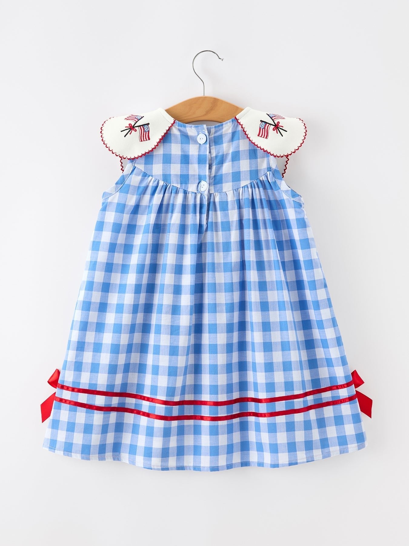 Girls 4th of July Plaid Twirl Dress Bow Embroidery Petals Collar - Abbies Place