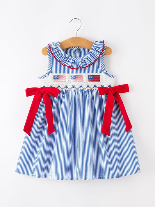 Girls 4th of July Twirl Dress Bow Smocked Embroidery - Abbies Place