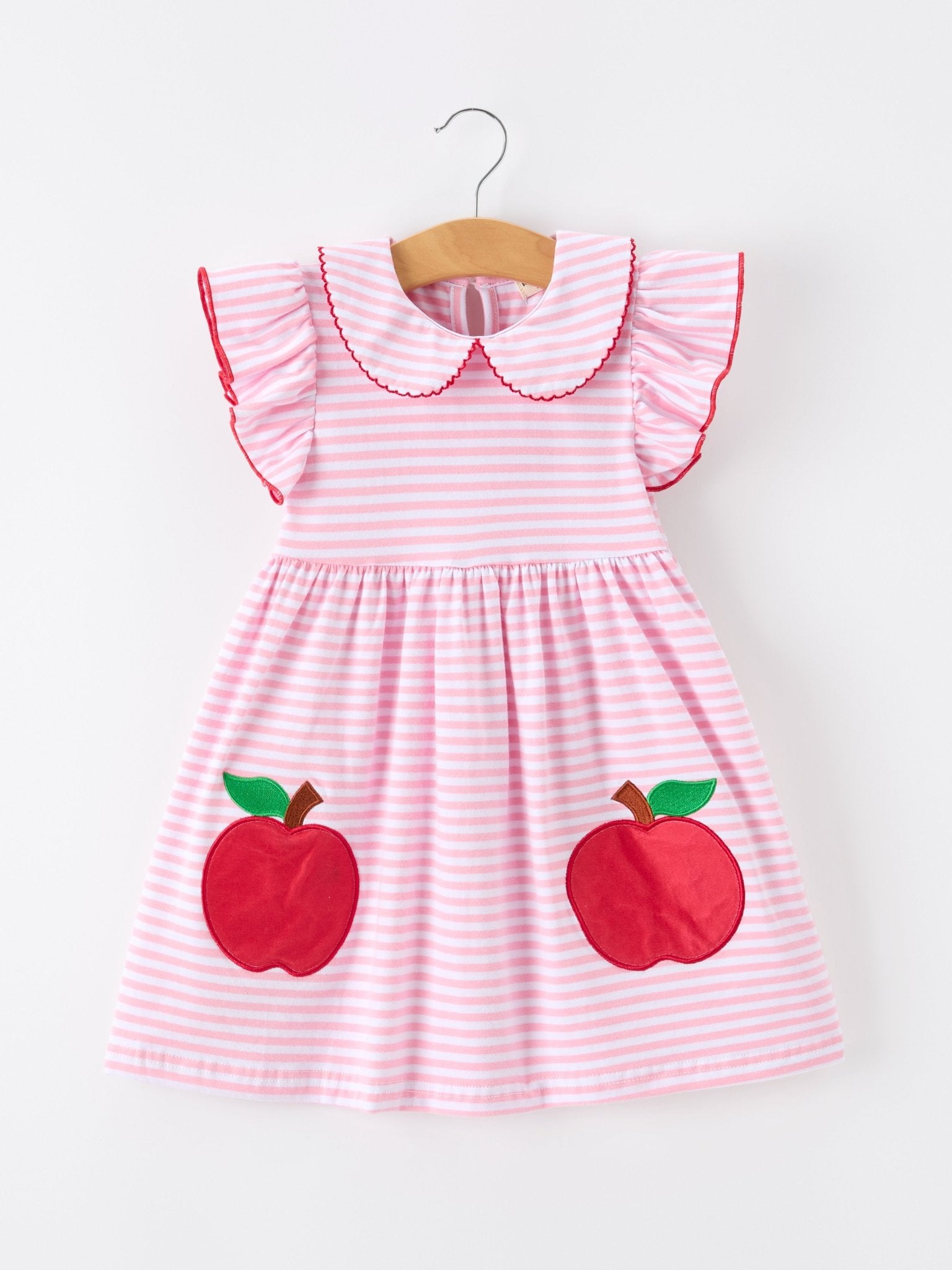 Girls Back To School Apple Applique Twirl Dress Ruffle Petal Collar - Abbies Place