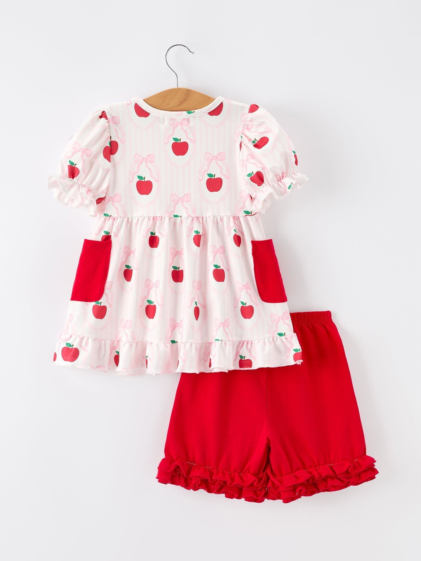 Girls Back To School Apple Bow Pocket Ruffle Top Shorts Set - Abbies Place