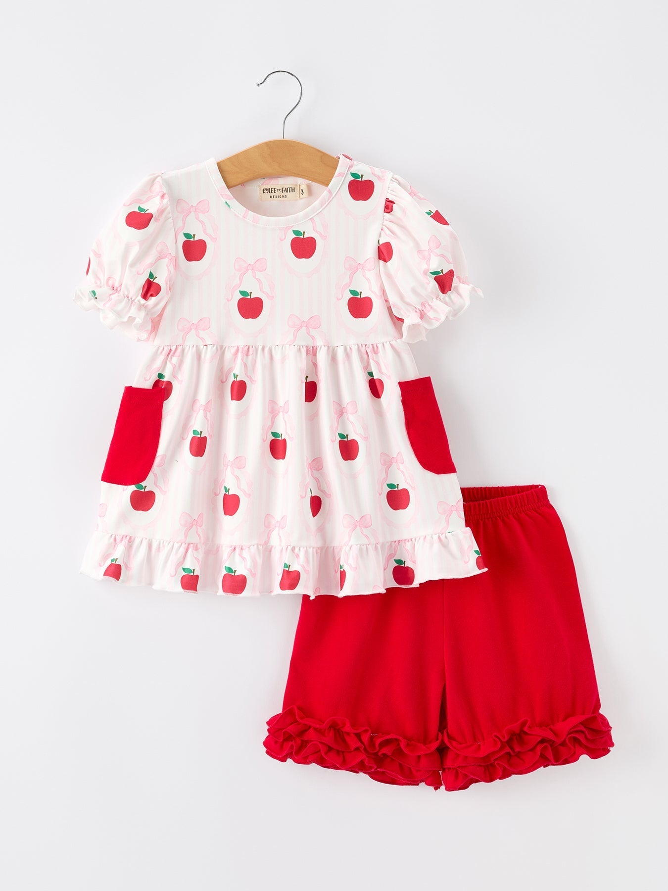Girls Back To School Apple Bow Pocket Ruffle Top Shorts Set - Abbies Place
