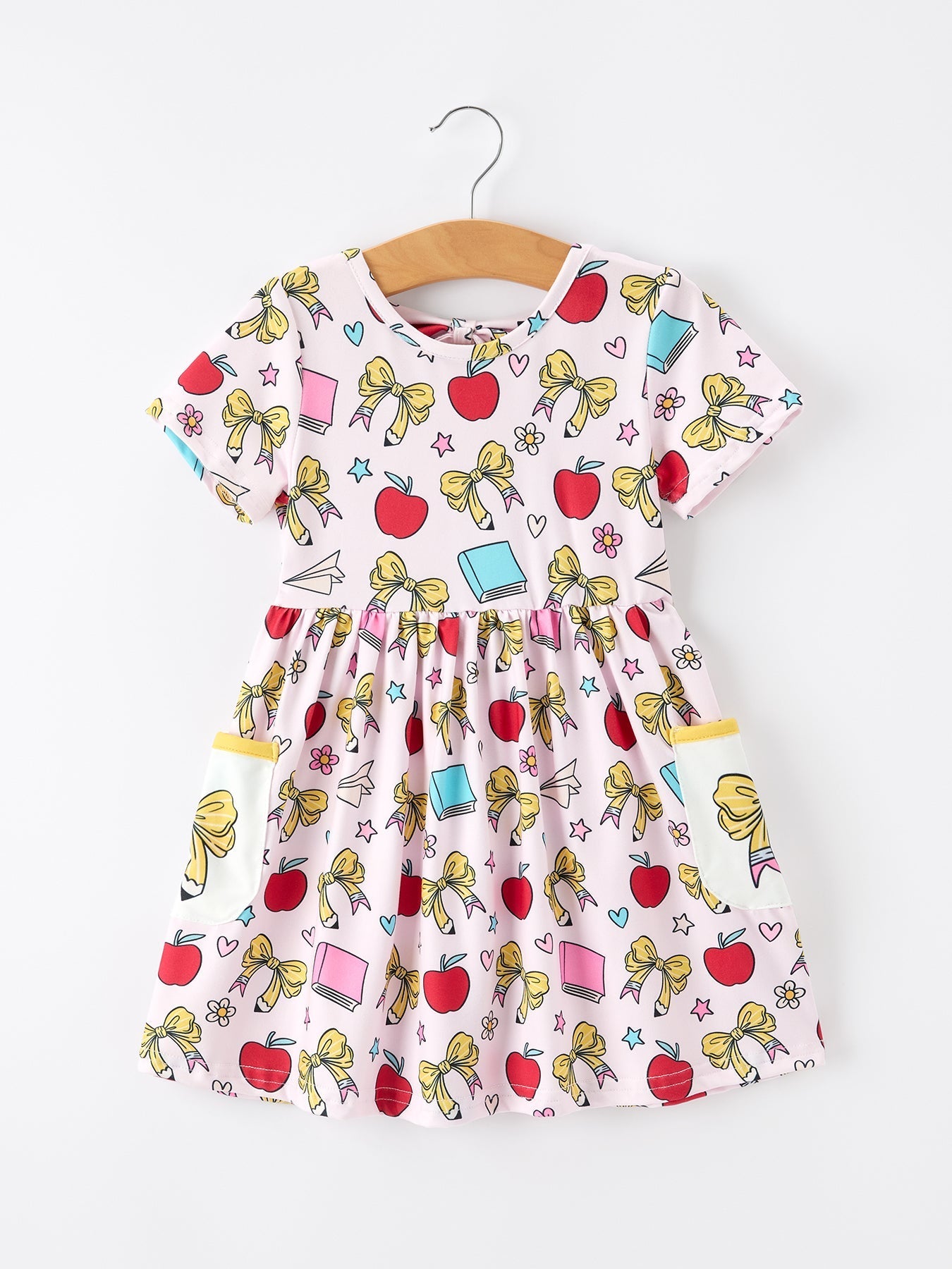 Girls Back To School Apple Bow Pocket Twirl Dress - Abbies Place