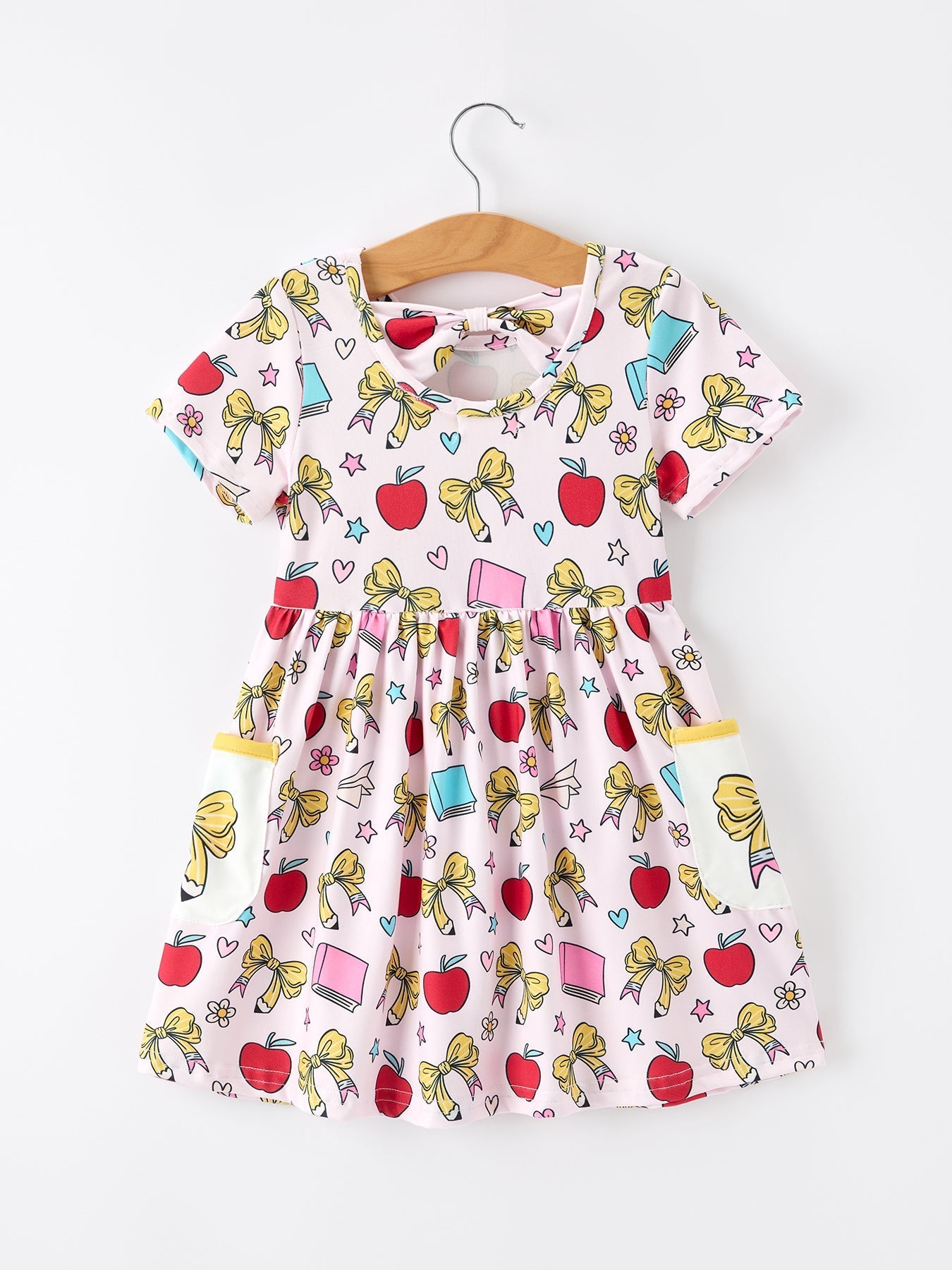 Girls Back To School Apple Bow Pocket Twirl Dress - Abbies Place
