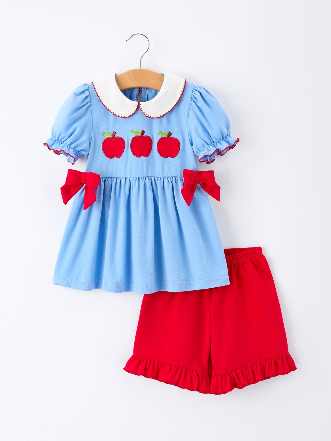 Girls Back To School Apple Outfit Set Bow Ruffle Petal Collar - Abbies Place