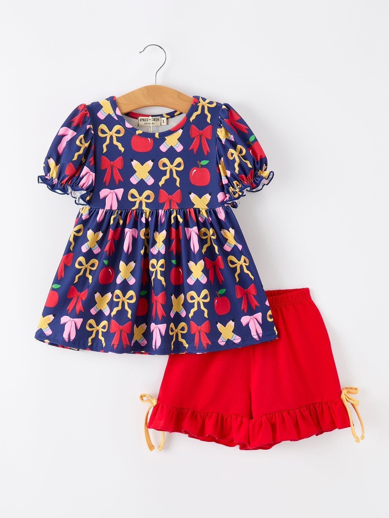 Girls Back To School Apple Pencil Outfit Set Bow Ruffle - Abbies Place