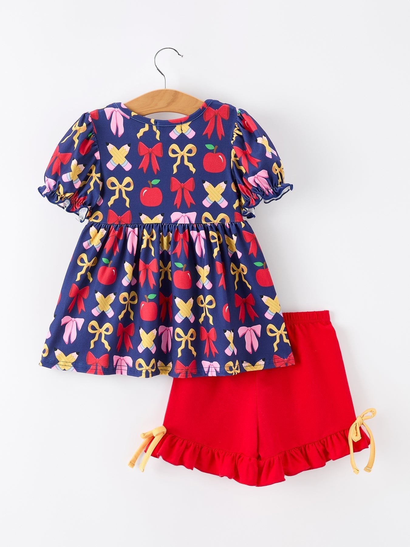 Girls Back To School Apple Pencil Outfit Set Bow Ruffle - Abbies Place