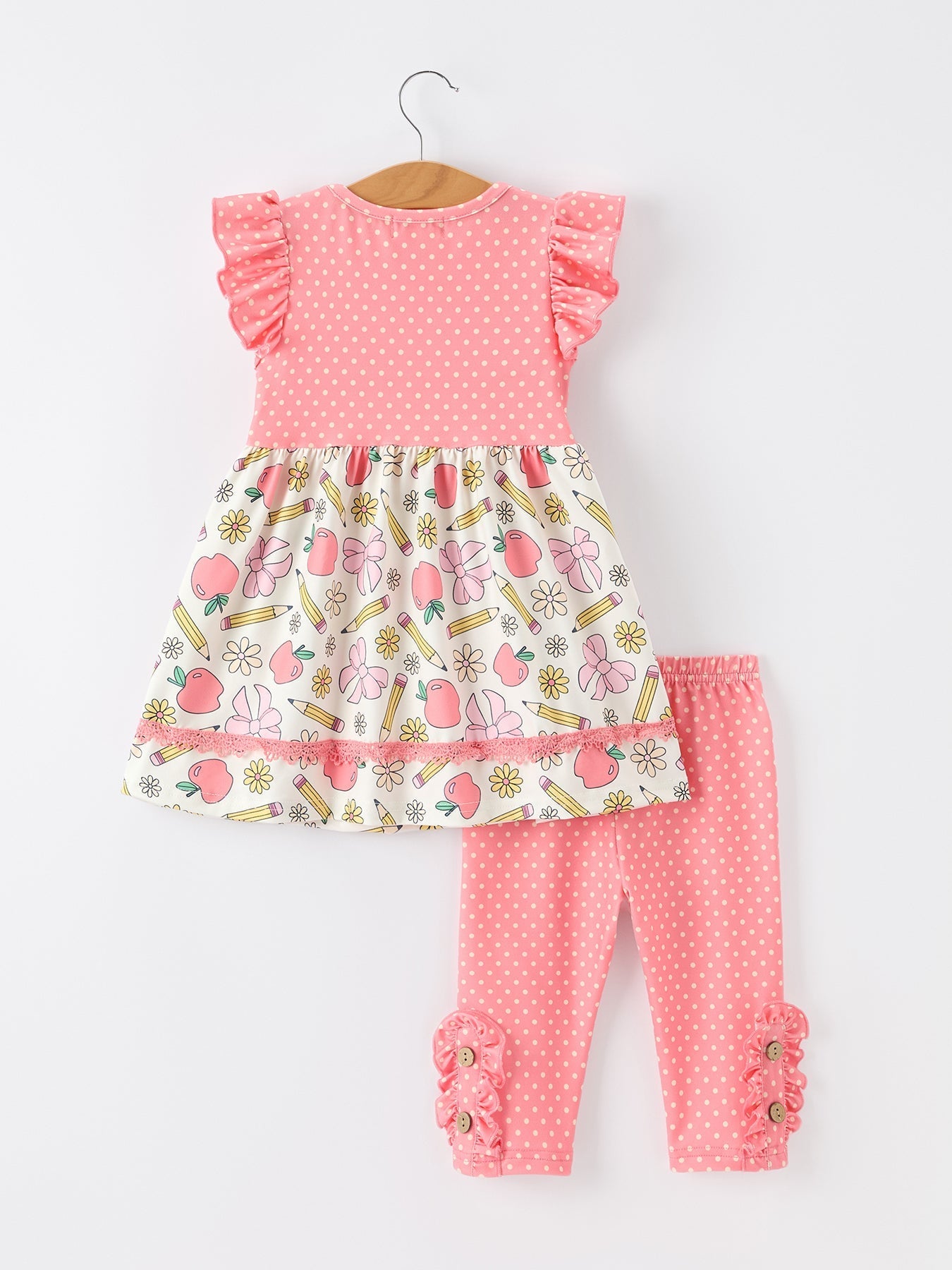 Girls Back To School Apple Pencil Polka Dot Dress Leggings Set - Abbies Place