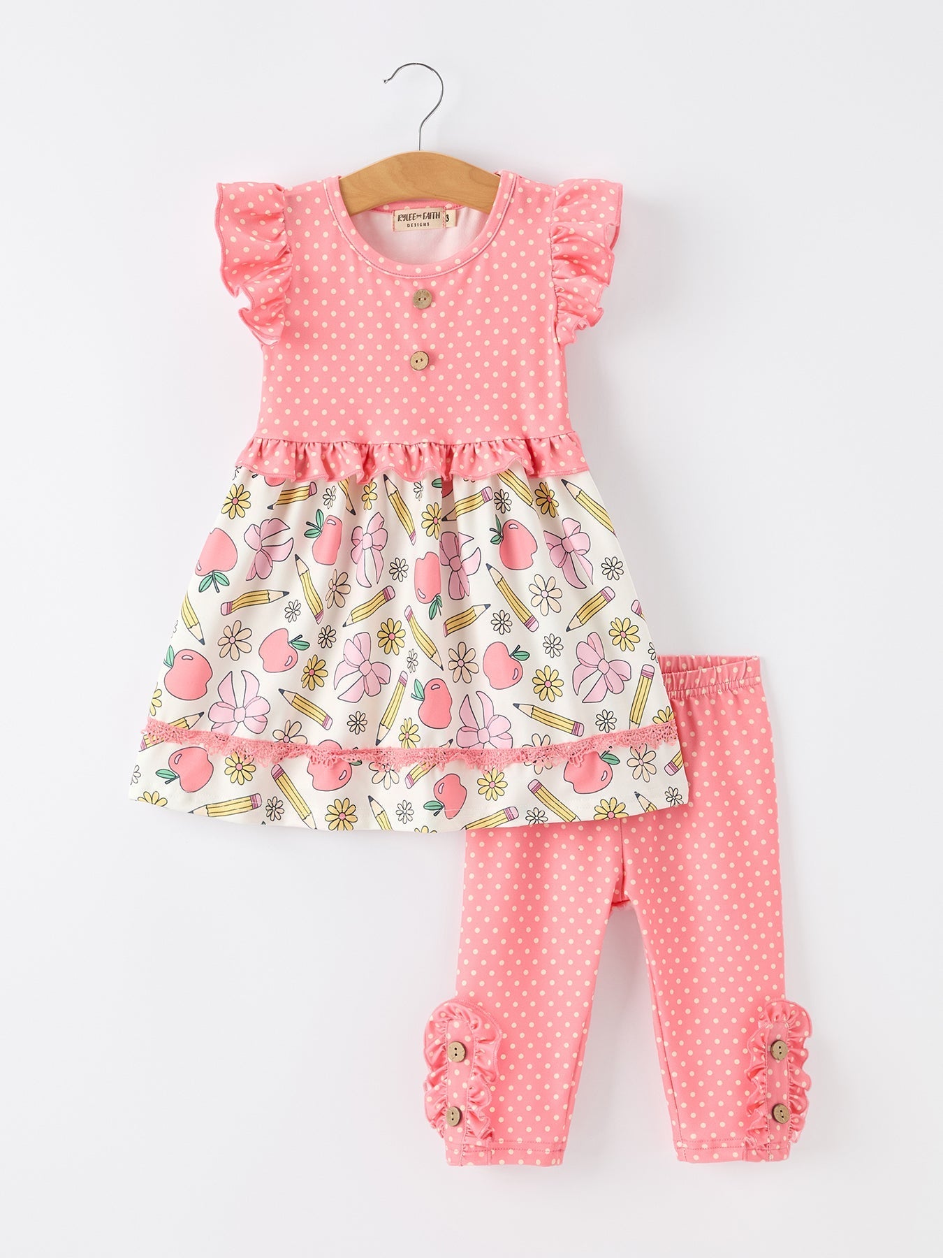 Girls Back To School Apple Pencil Polka Dot Dress Leggings Set - Abbies Place
