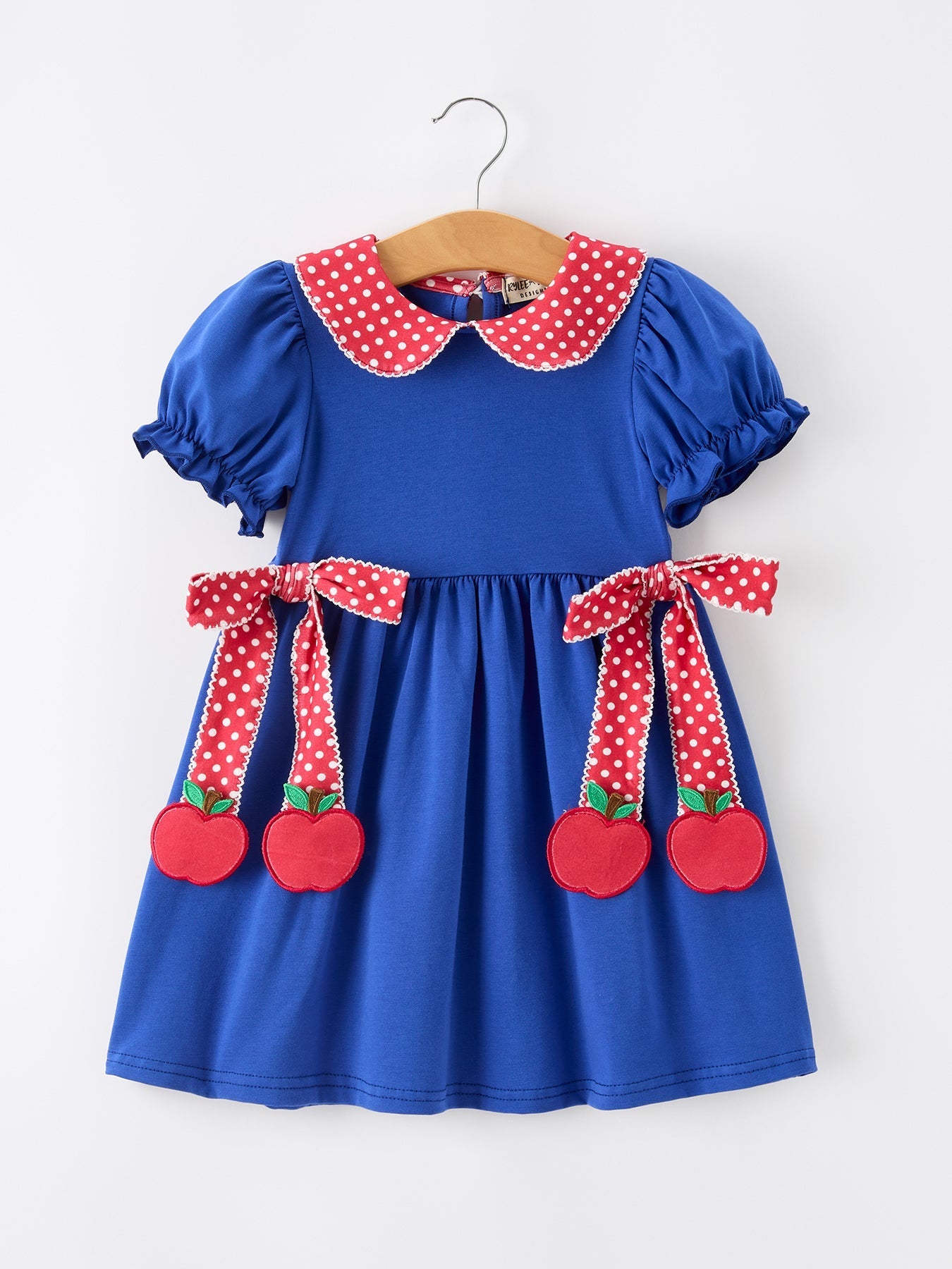 Girls Back To School Apple Polka Dot Petals Collar Bow Dress - Abbies Place