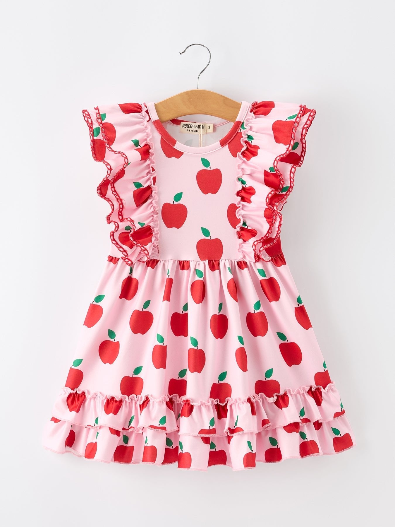 Girls Back To School Apple Twirl Dress Ruffle Flutter Sleeve - Abbies Place