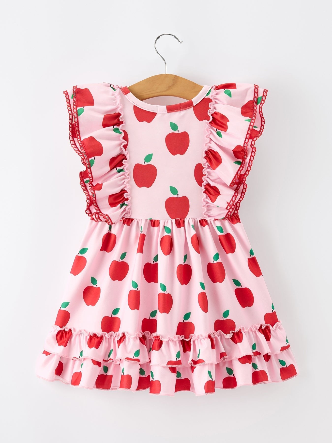 Girls Back To School Apple Twirl Dress Ruffle Flutter Sleeve - Abbies Place